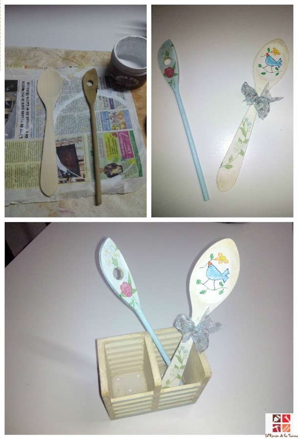 portacubiertos con pintura a la tiza y decoupage