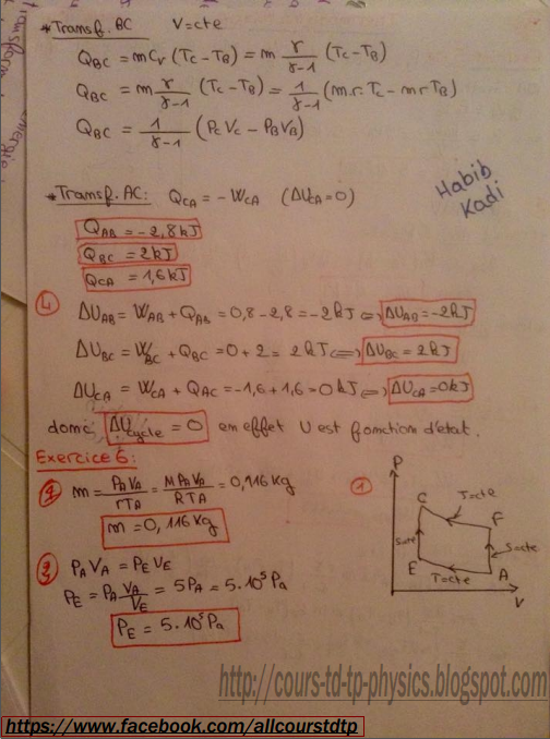 TD Thermodynamique série n°4 + Corrigé SMPC S1 20142015 FSR