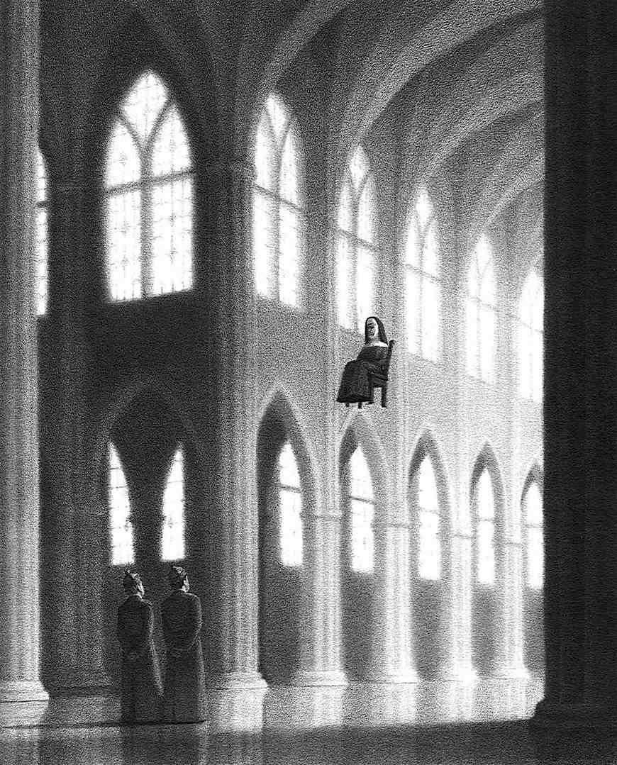 Chris Van Allsburg a Chris Van Allsburg illustration of a seated floating nun in a cathedral