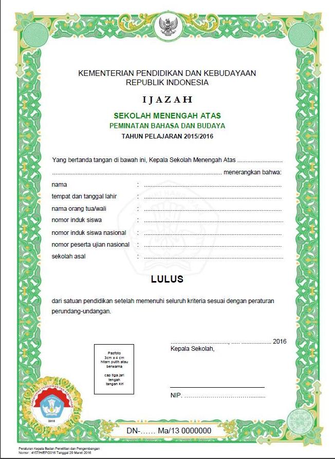 Format Blangko Ijazah SMA Program Bahasa Tahun 2015/2016