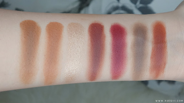 Anastasia Beverly Hills Modern Renaissance Palette Swatches - Raw Sienna, Burnt Orange, Primavera, Red Ochre, Venetian Red, Warm Taupe, Realgar