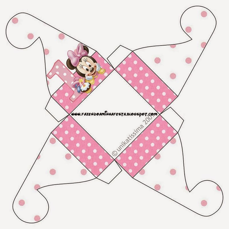 Minnie Primer Año con Lunares: Cajas para Imprimir Gratis. Caja para cupcakes o golosinas de Minnie Primer Año con Lunares