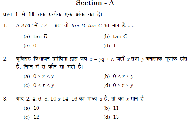 Maths 10 sa 1 Hindi medium sample paper