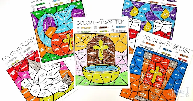 Catholic Color by Mass Item Coloring Pages - the fun and engaging way to teach your students about the items we use during Mass. Because there are five versions included, this is perfect for little ones, young children and older children as well. Perfect for your Catholic school, religious education, or Sunday school classroom. Help your students identify the items they see in church with these awesome coloring pages. Click to try out a FREE SAMPLE!