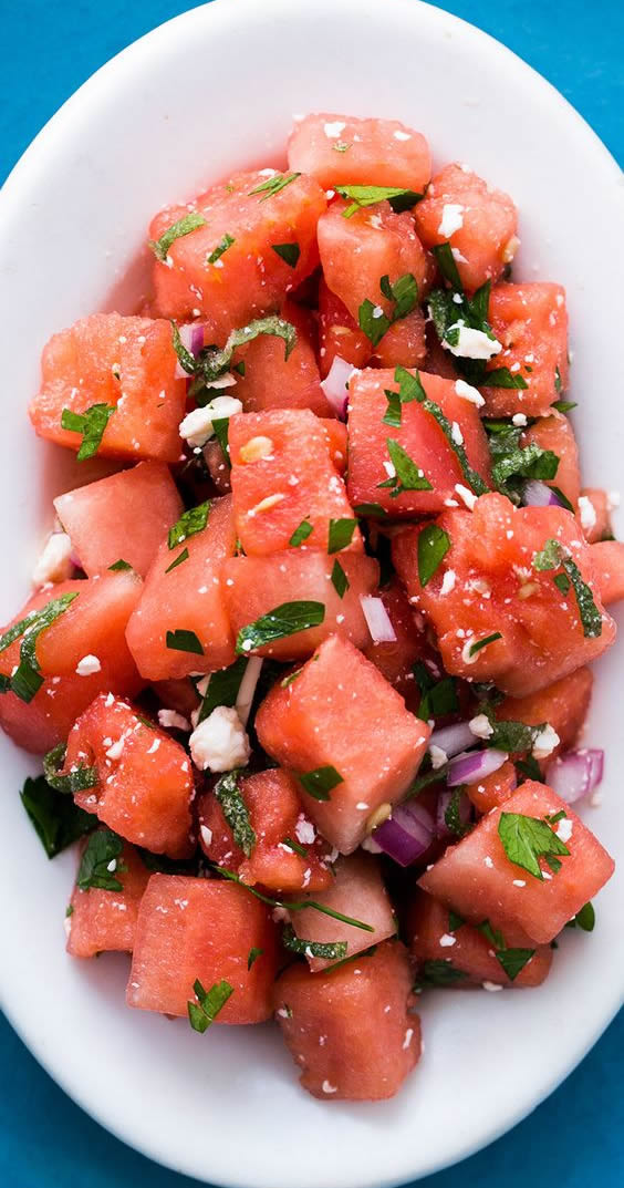 Watermelon Salad with Feta and Mint ~ Watermelon salad with feta cheese, lime, mint, and parsley. So refreshing! Perfect for a potluck!
