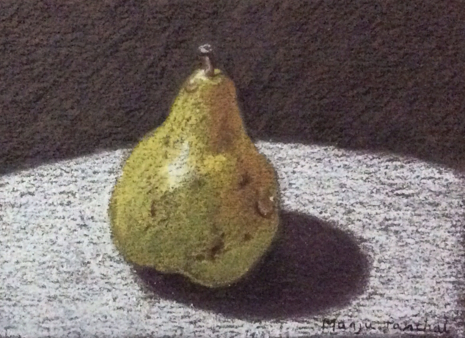 Still life painting of a pear with water drops using DERWENT water colour pencils . ( By Manju Panchal )