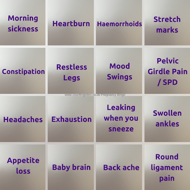 A 4 by 4 silvery grid with 16 pregnancy ailments in: morning sickness, heartburn, haemorrhoids, stretch marks, constipation, restless leg syndrome, mood swings, pelvic girdle pain / SPD, headaches, exhaustion, leaking when you sneeze (weak bladder), swollen ankles, lack of appetite, baby brain, back ache and round ligament pain