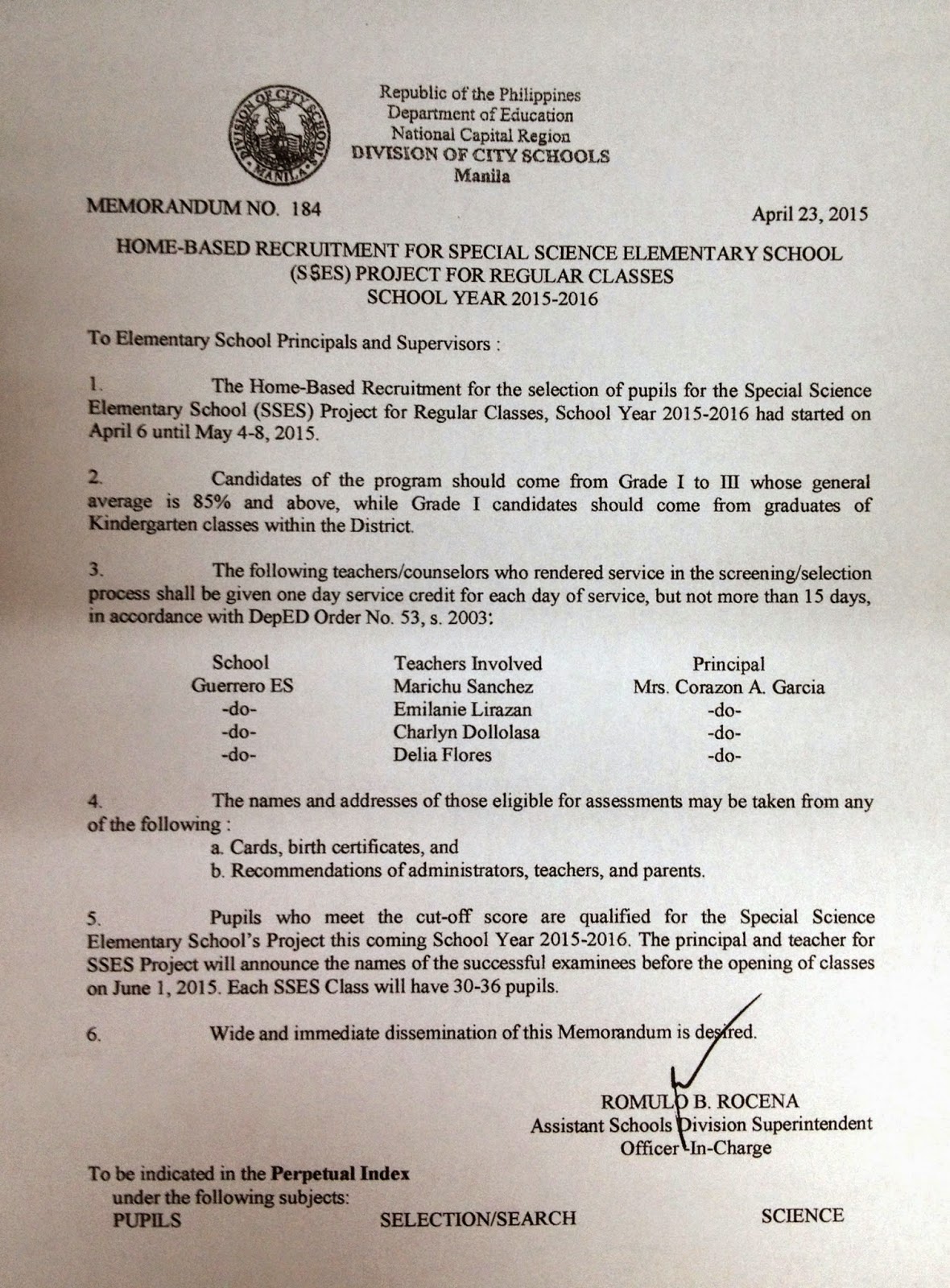 Department of Education Manila Division Memorandum No. 184 HOME