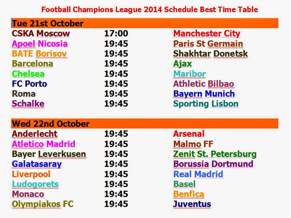 Football Champions League 2014 Schedule Best Time Table