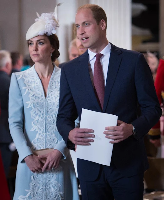 Queen Elizabeth II, Prince Philip, Duke of Edinburgh, Prince William, Duke of Cambridge, Catherine, Duchess of Cambridge, Prince Harry, Prince Edward, Sophie, Countess of Wessex and their children James and Lady Louise, Princess Anne, Princess Royal, Prince Michael of Kent, Princess Michael of Kent, Prince Edward, Duke of Kent, Zara Phillips, Mike Tindall, Princess Eugenie, Princess Beatrice