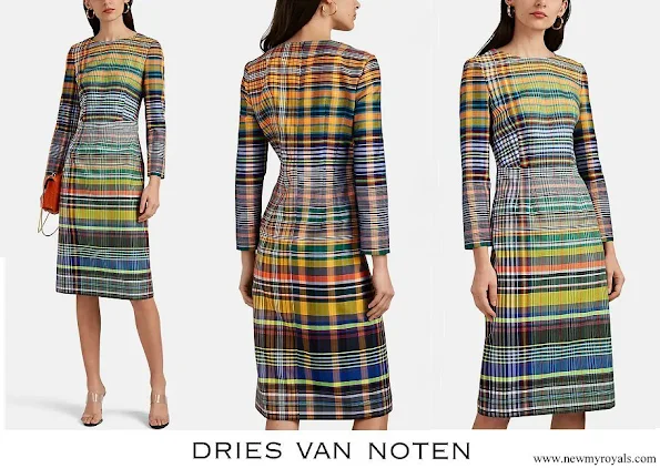 Queen Mathilde wore DRIES VAN NOTEN Plaid Madras Sheath Dress