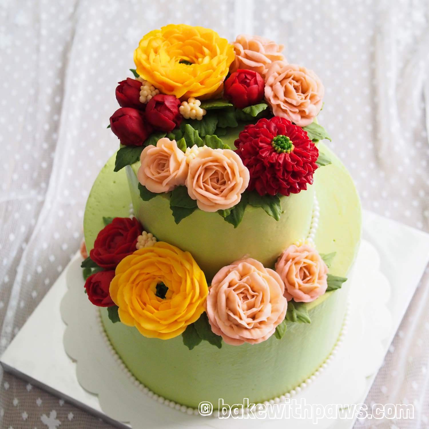 Korean Style Buttercream Flowers Cake 27 BAKE WITH PAWS