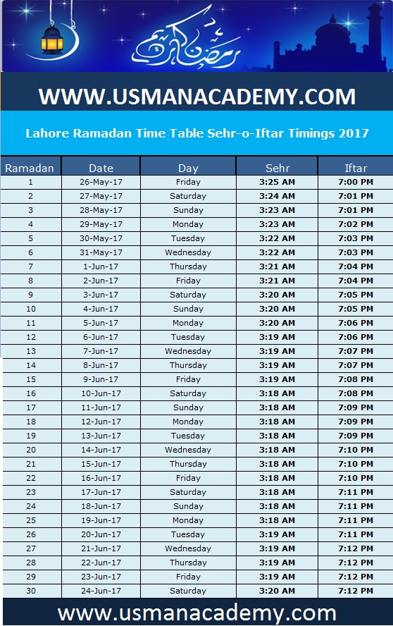 Ramadan Calendar Sehri Iftar Lahore Timings 2017 Ramazan Lahore Time table