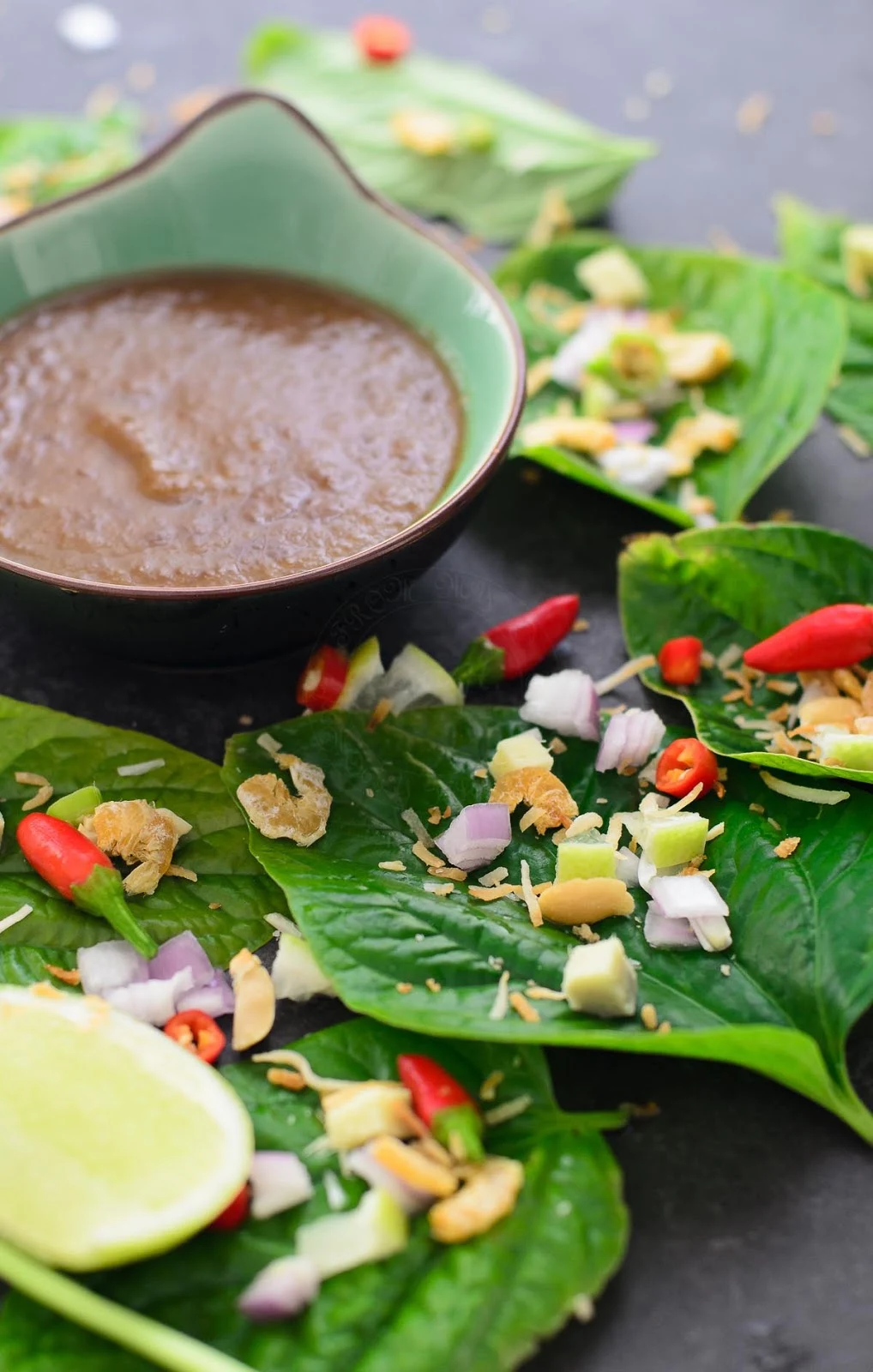 Miang Kham or Thai leaf wrap salad bite