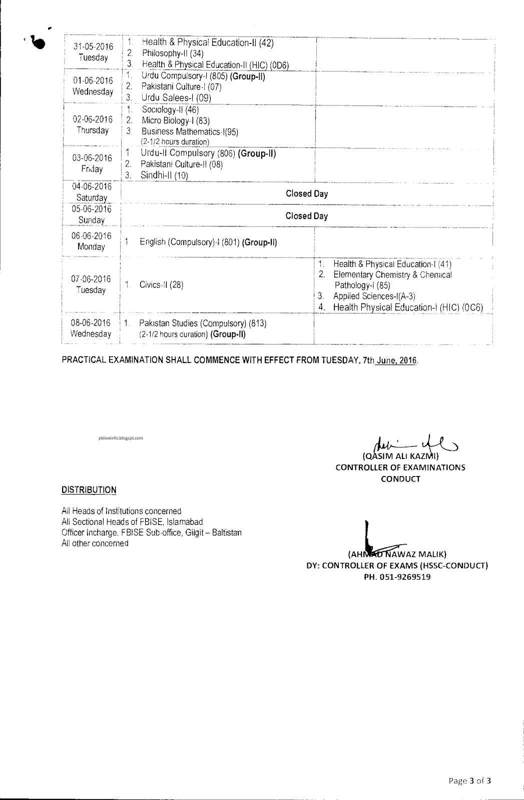 FBISE HSSC Part 1 & Part 2 Date Sheet 2016 Pk Live Info