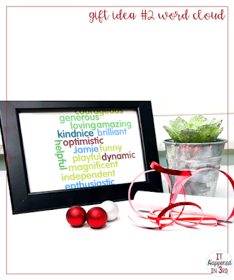 Simple Gift Idea #2: Word Cloud Picture of framed student gift with plant and candy cane