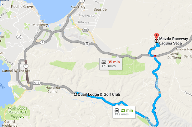 Map of Laureles Grade route from Quail Lodge to Mazda Laguna Seca Raceway