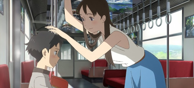 The woman is stroking the head of Aomine. Aomine is watching her boobs.