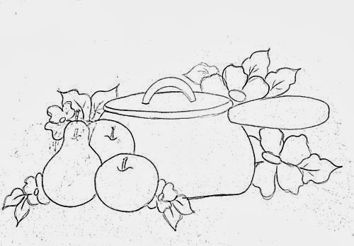 desenho de panela com frutas e flores para pintar em tecido