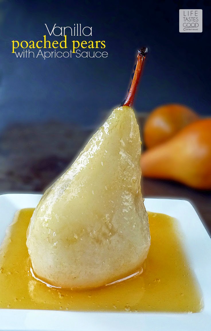 Vanilla Poached Pears with Apricot Sauce | by Life Tastes Good is an impressive dessert that will have everyone in awe of your culinary skills! We'll keep it just between us how easy these really are <wink>. #CleverlyPoached #CleverGirls