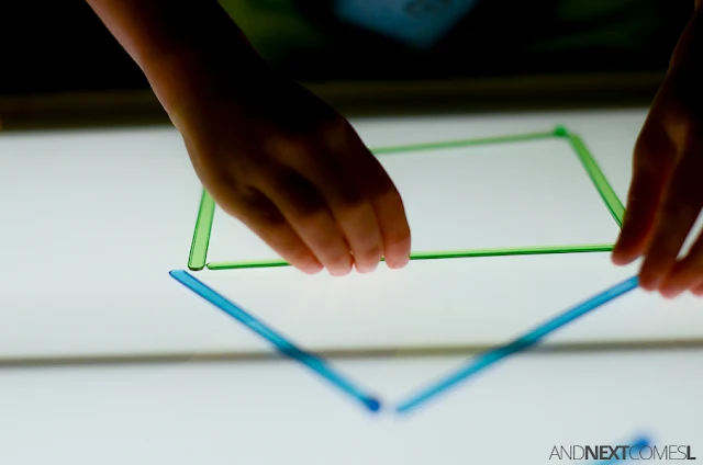 Shape building challenge on the light table - simple sensory activity for kids from And Next Comes L