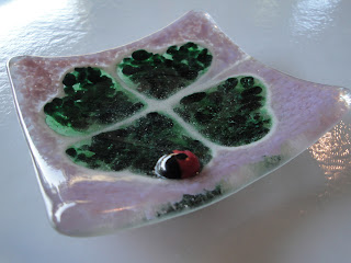Four Leaf Clover Fused Glass Frit Dish with Ladybug
