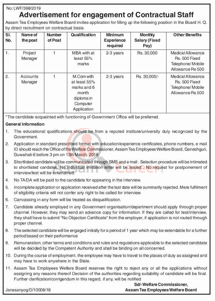 Assam Tea Employees Welfare Board Recruitment 2019 Project Manager
