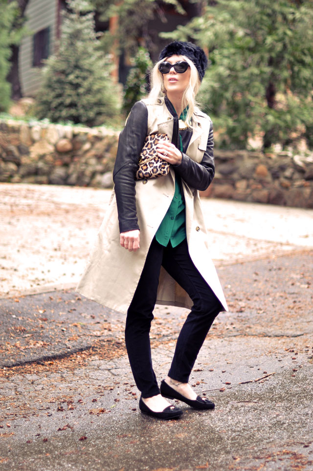 emerald green blouse, sleeveless trench leather coat, leopard print bag, winter style
