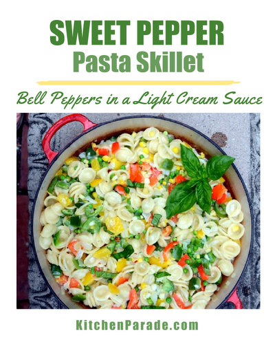 Sweet Pepper Pasta Skillet, another Quick Supper ♥ KitchenParade.com, three colors of bell pepper plus corn, peas and fresh basil. Easy Weeknight Dinner. Budget Friendly.