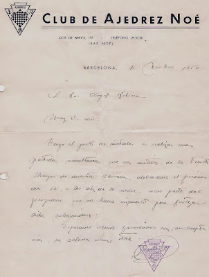 Carta del Club Ajedrez Noé a Ángel Ribera, 1954