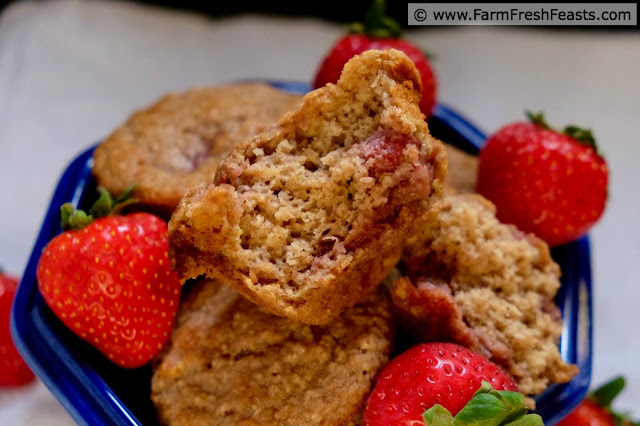 The winning combination of strawberries, brown sugar, and sour cream flavors these whole grain muffins.