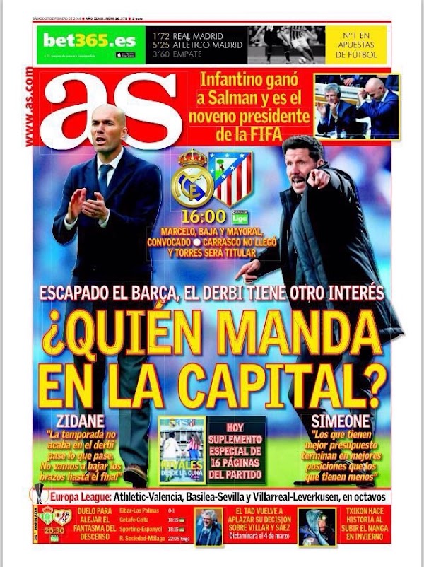 Real Madrid-Atlético, AS:  "¿Quién manda en la capital?"