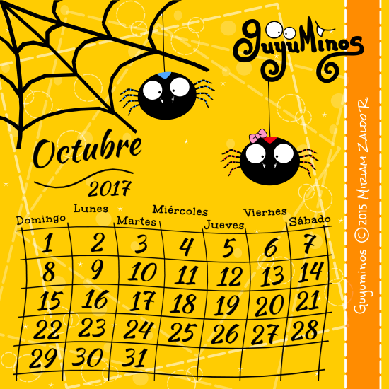 Calendario octubre 2017 para imprimir con nube