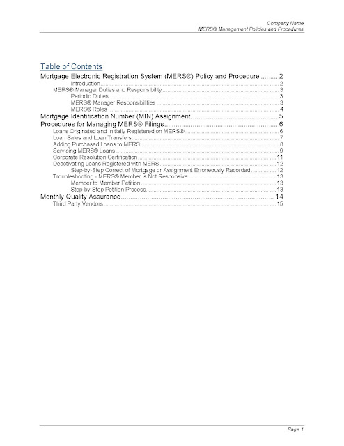 MERS QA Plan Sample Table of Contents