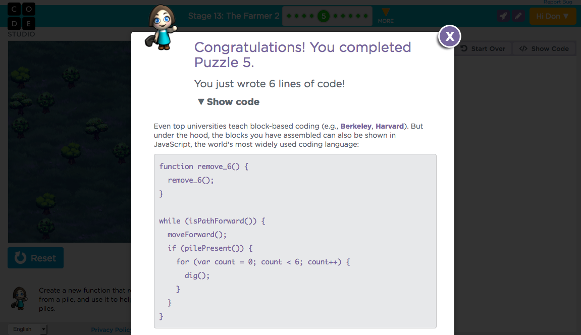 Code.org Lesson 13 The Farmer 2 Answers CODE | HUB | ORG: Stage 13 - The Farmer 2 #5 (Updated Oct 2016)