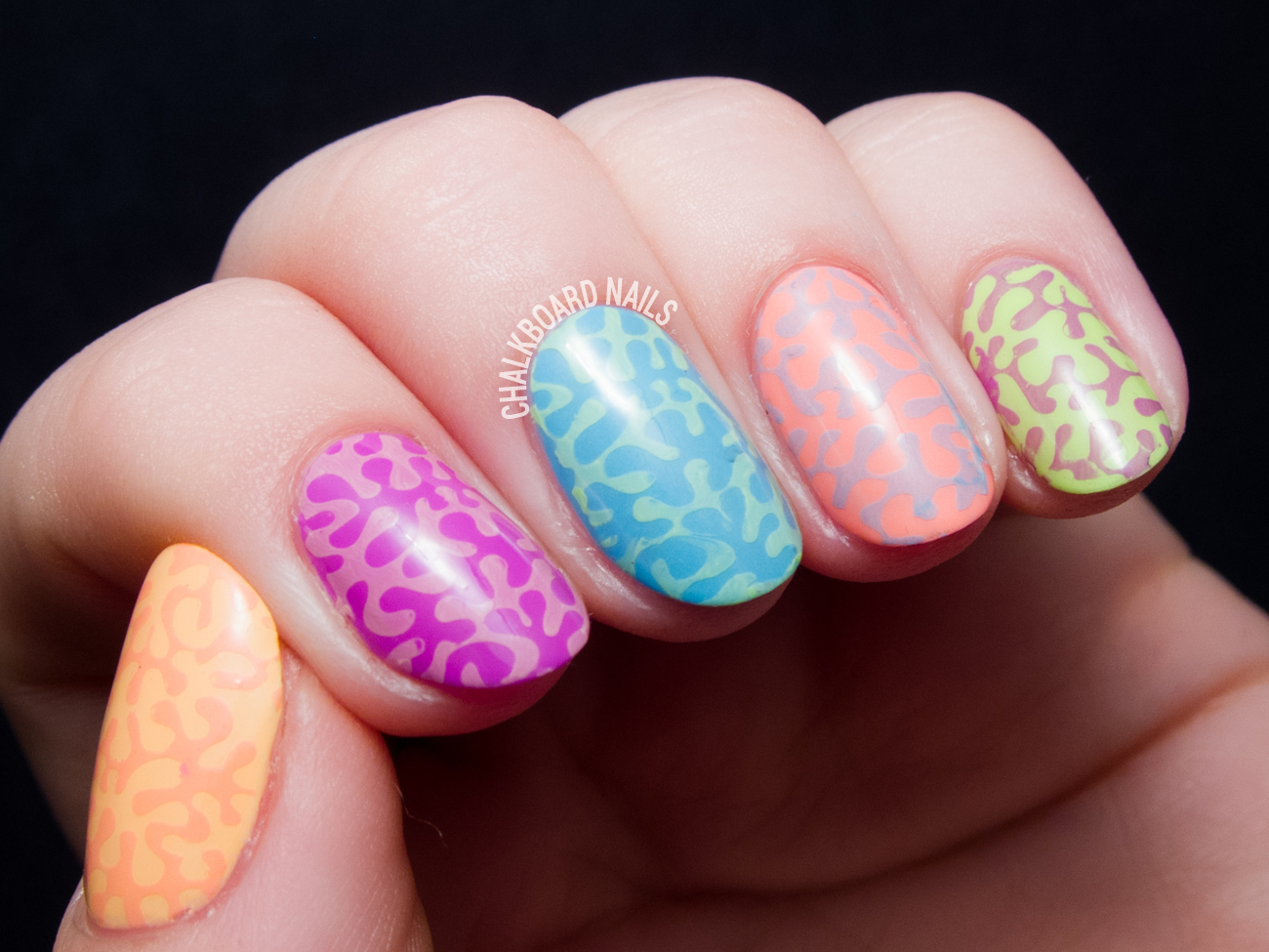 Neon mix-up stamping nail art by @chalkboardnails