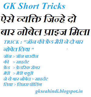 Two times nobel prize winners GK short tricks Hindi