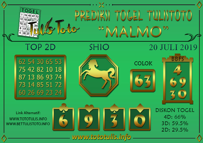 Prediksi Togel MALMO TULISTOTO 20 JULI 2019