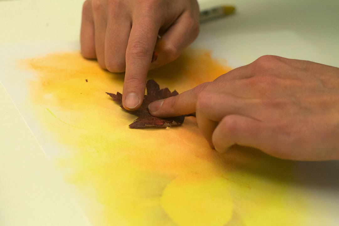 working with leaves and soft chalk