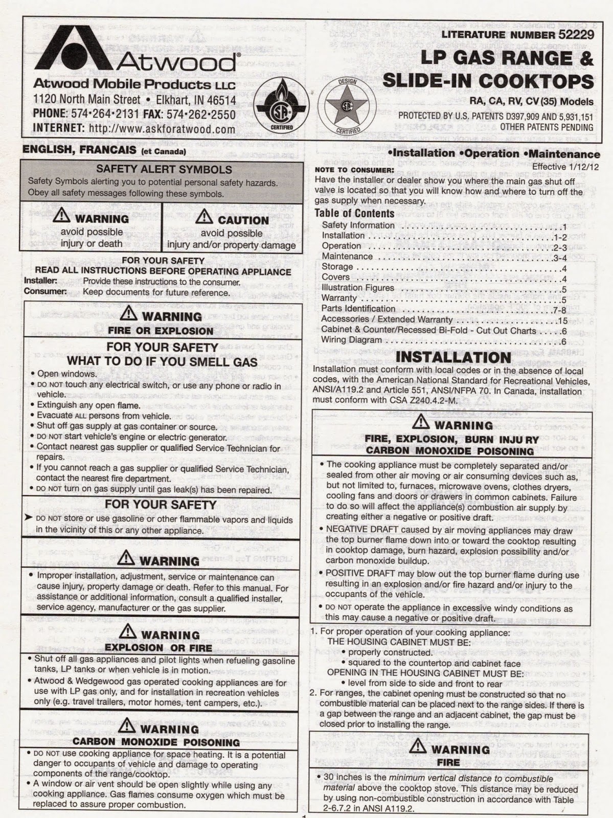 Class A Customs: Atwood Wedgewood LP Gas Range w/ 3 burner top RV Stove