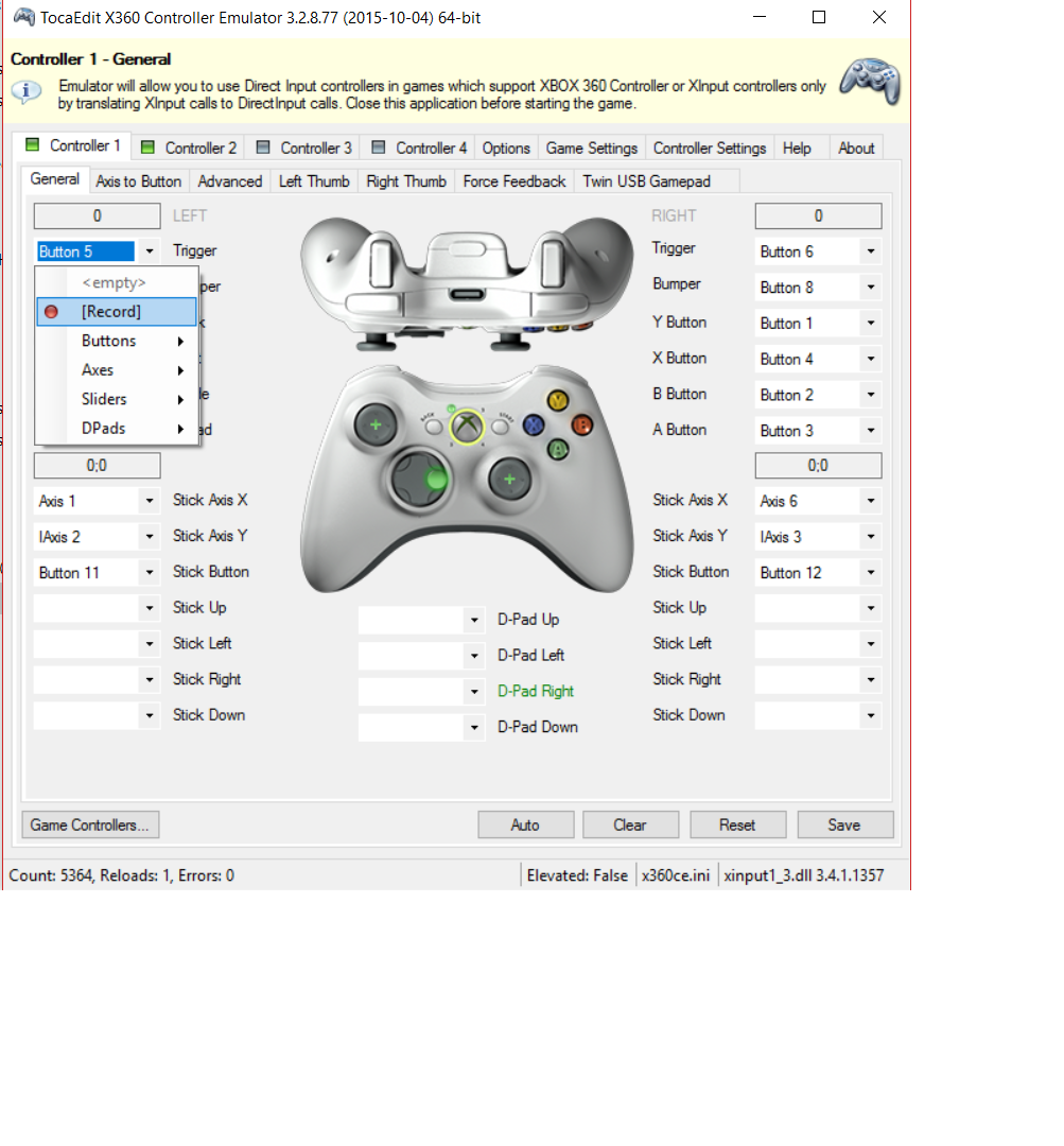 Xbox Controller Emulator. X360ce. Dpad down. XINPUT.