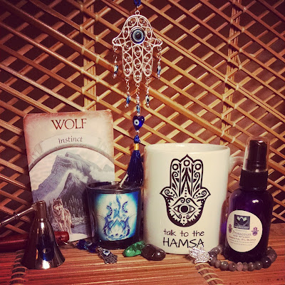Hamsa votive coffee mug wolf amulet gemstone crystal gypsy bracelet