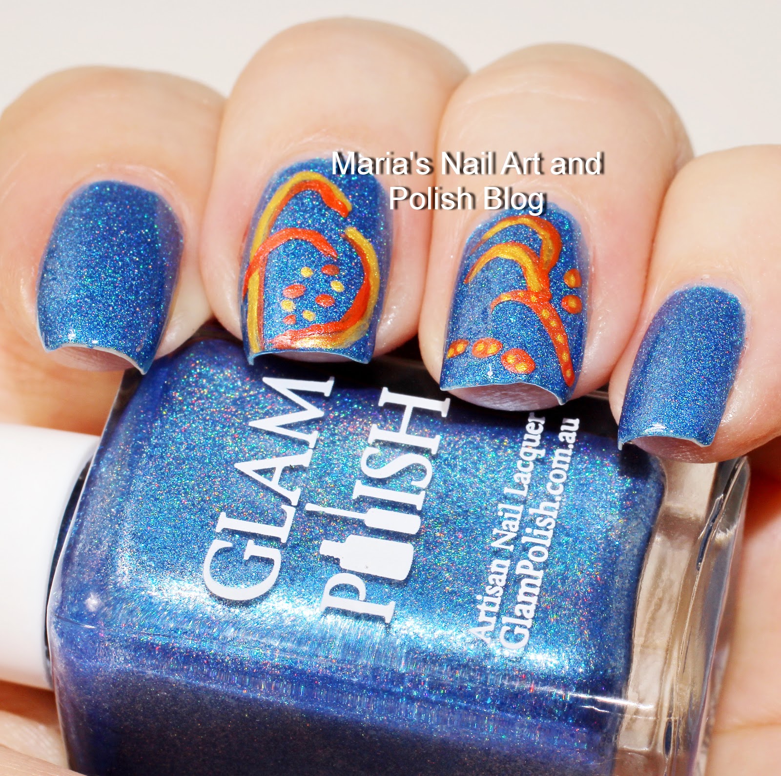 Marias Nail Art and Polish Blog Red and gold abstract over blue nail art