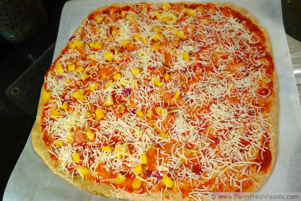 Farm Fresh Feasts Sunset Pizza Mango, Pepperoni, Red Onion and Yellow Pepper (Pizza Night!)
