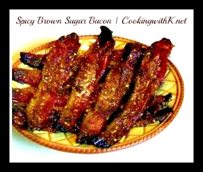 Spicy Brown Sugar Bacon is a mixture of cayenne pepper, brown sugar topping sprinkled over strips of bacon in a single layer and baked.