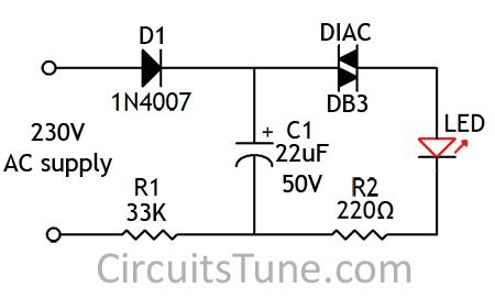 Circuit panel: AC 230V Led Circuit Diagram by DIAC
