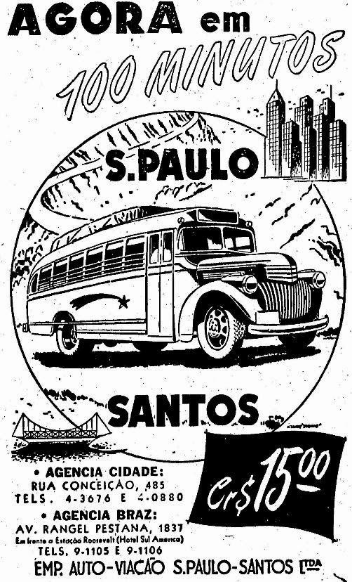 Propaganda de 1947 que anunciava a viagem da cidade de São Paulo à Santos em 100 minutos.