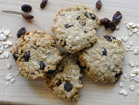 Power cookies with walnuts, raisins, coconut, chocolate chips and dates