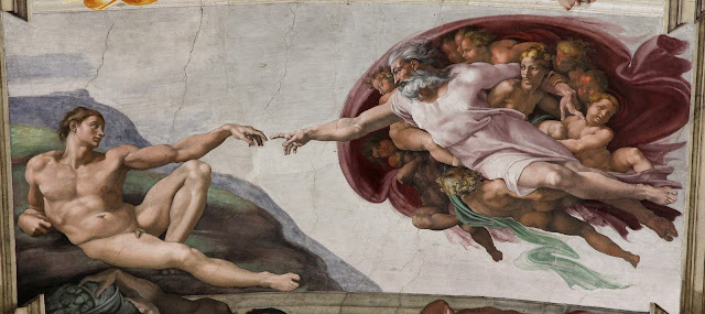 The Creation of Adam by Michelangelo, on the Sistine Chapel ceiling (circa 1512)