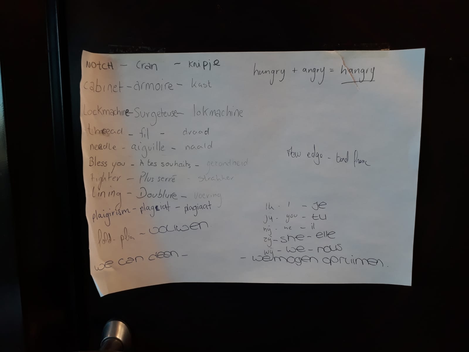 This picture shows a piece of paper that was taped to a cabinet in Bas Kosters' studio. On the one side it has a row of words in English, French and Dutch (example: cabinet, armoire, kast), on the top right corner it says: "hungry + angry = hangry". 